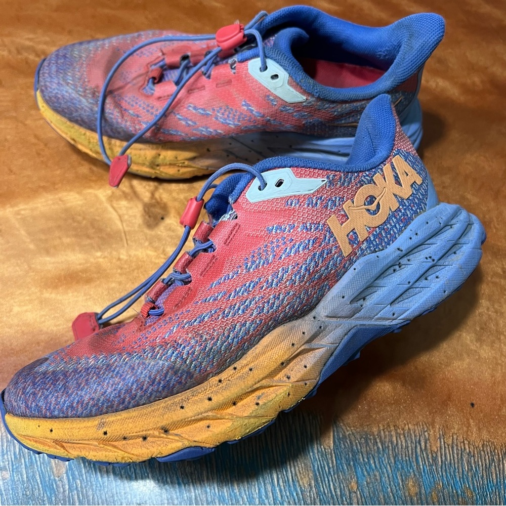 Hoka Speedgoat 5 trail running shoes Blue Orange no toe laces size 36 euro 3.5